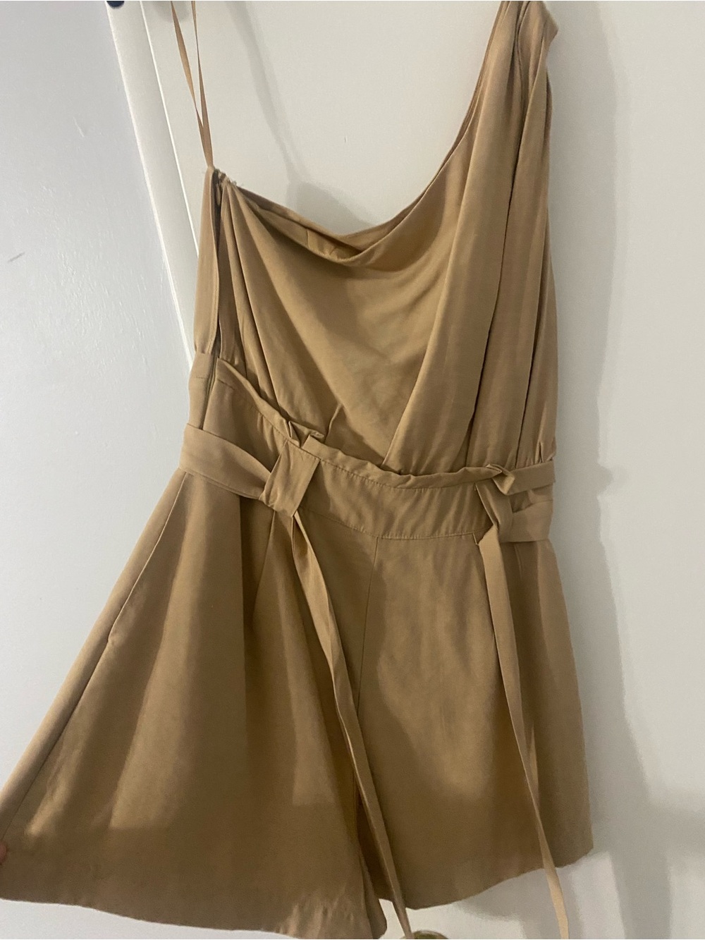 fab'rik Khaki Cowl Romper with Self-Tie Waist and pockets